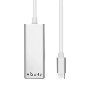 Adaptador de rede Aisens A109-0341 visto de cima, com o logótipo e o cabo USB-C branco de 15 cm