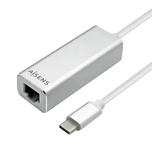 Adaptador Aisens prateado com porta RJ45 à frente e cabo branco com ficha USB-C