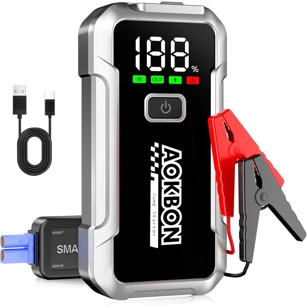 Arrancador de bateria AOKBON AK100 com ecrã de carga, pinças e cabo USB
