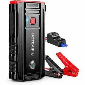 Arrancador de bateria BOTEAIFIU BU01 em preto e vermelho, com pinças e adaptador