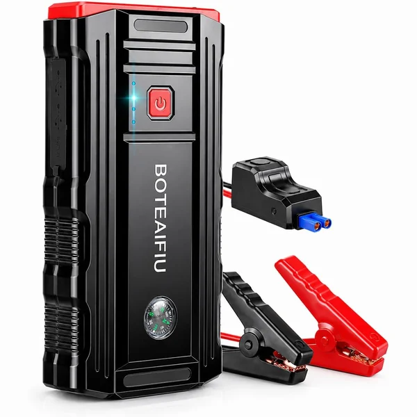 Arrancador de bateria BOTEAIFIU BU01 em preto e vermelho, com pinças e adaptador