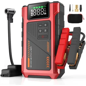 Arrancador de bateria com compressor Eigotrav PD-JA2, em vermelho e preto, com mangueira, bicos e pinças