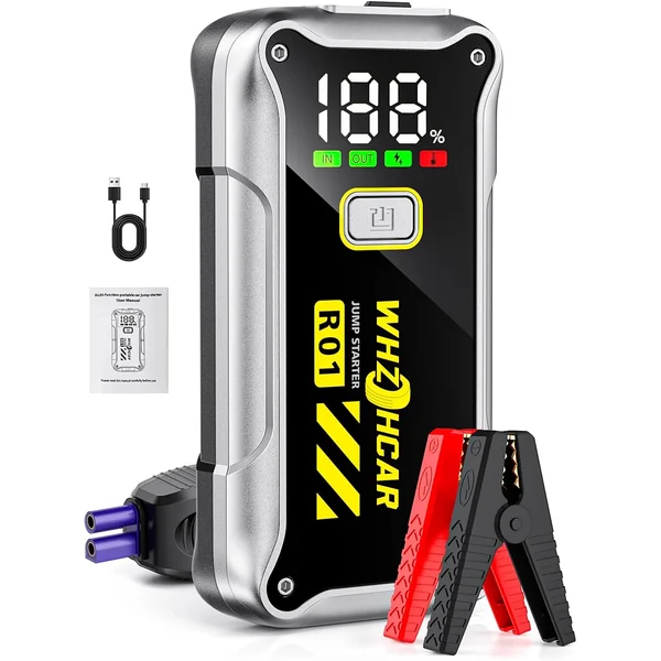 Arrancador de bateria WHZOHCAR R01 com ecrã de carga, pinças e cabo USB-C