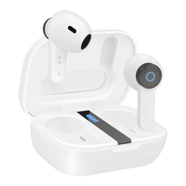 Auriculares Bluetooth TooQ Bender brancos no estojo de carregamento aberto