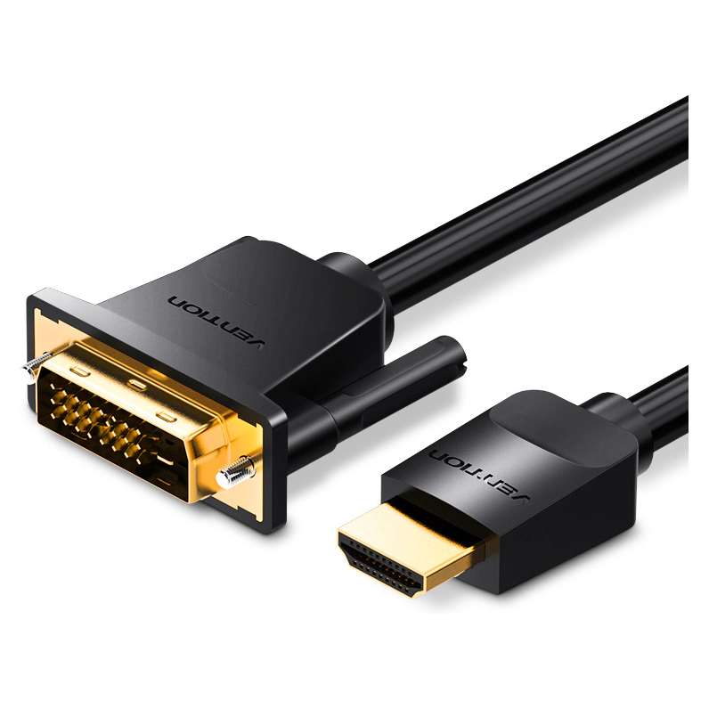 Cabo Vention ABFBI com a ficha DVI de parafusos e a ficha HDMI douradas