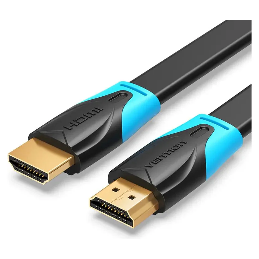 Cabo HDMI plano Vention preto e azul com as duas fichas douradas