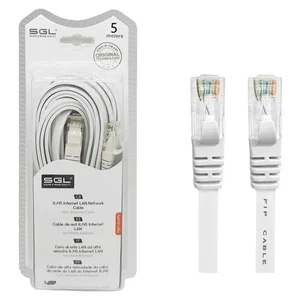 Cabo de rede RJ45 plano SGL de 5 m no blister, ao lado das duas fichas brancas