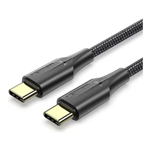 Cabo USB-C para USB-C Vention TAU preto entrançado, de 50 cm, com fichas douradas