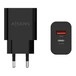 Carregador de parede Aisens A110-0682 preto, de costas com os pinos e de frente com as portas USB-A e USB-C