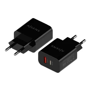 Dois carregadores Aisens A110-0682 pretos, um deles com a face das portas USB-A e USB-C virada para a frente
