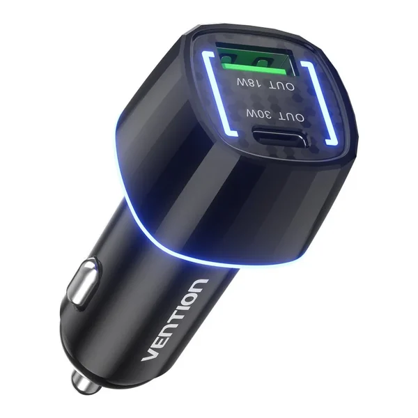 Carregador de carro Vention FFRB0 com porta USB-C, porta USB-A e LED azul