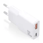 Carregador de parede GaN Aisens branco com a inscrição 30 W e as portas USB-A e USB-C à vista