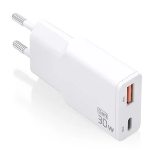 Carregador de parede GaN Aisens branco com a inscrição 30 W e as portas USB-A e USB-C à vista