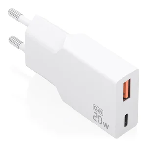 Carregador GaN Aisens A110-0998 branco, visto na diagonal com as portas USB-A e USB-C