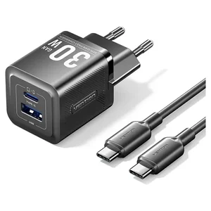 Carregador GaN Vention 30W preto com cabo USB-C para USB-C