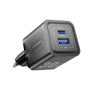 Carregador de parede GaN Vention 30W preto, USB-C e USB-A
