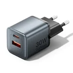 Carregador Vention FEWH0-EU cinzento com a inscrição 30W GaNDash e as portas USB-C e USB-A