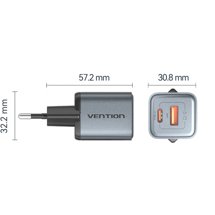 Medidas do carregador Vention de 30 W: 57,2 mm de comprimento com os pinos e 32,2 x 30,8 mm de frente