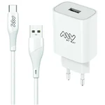 Carregador Myway branco com uma porta USB-A, ao lado do cabo USB-A para USB-C