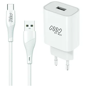 Carregador Myway branco com uma porta USB-A, ao lado do cabo USB-A para USB-C