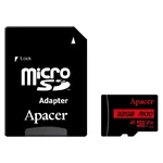 Cartão microSD Apacer de 32 GB preto e vermelho ao lado do adaptador SD