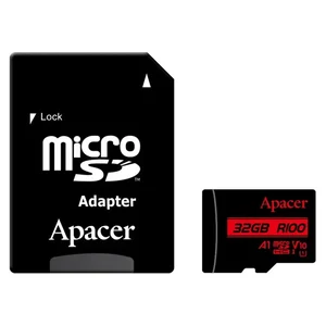 Cartão microSD Apacer de 32 GB preto e vermelho ao lado do adaptador SD