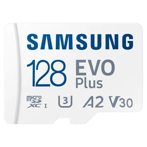 Cartão microSD Samsung EVO Plus de 128 GB branco, com as marcas U3, A2 e V30