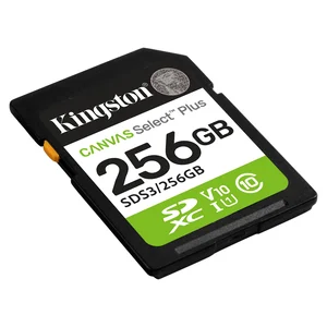 Cartão SDXC Kingston Canvas Select Plus 256 GB em ângulo, com as marcas U1 e V10