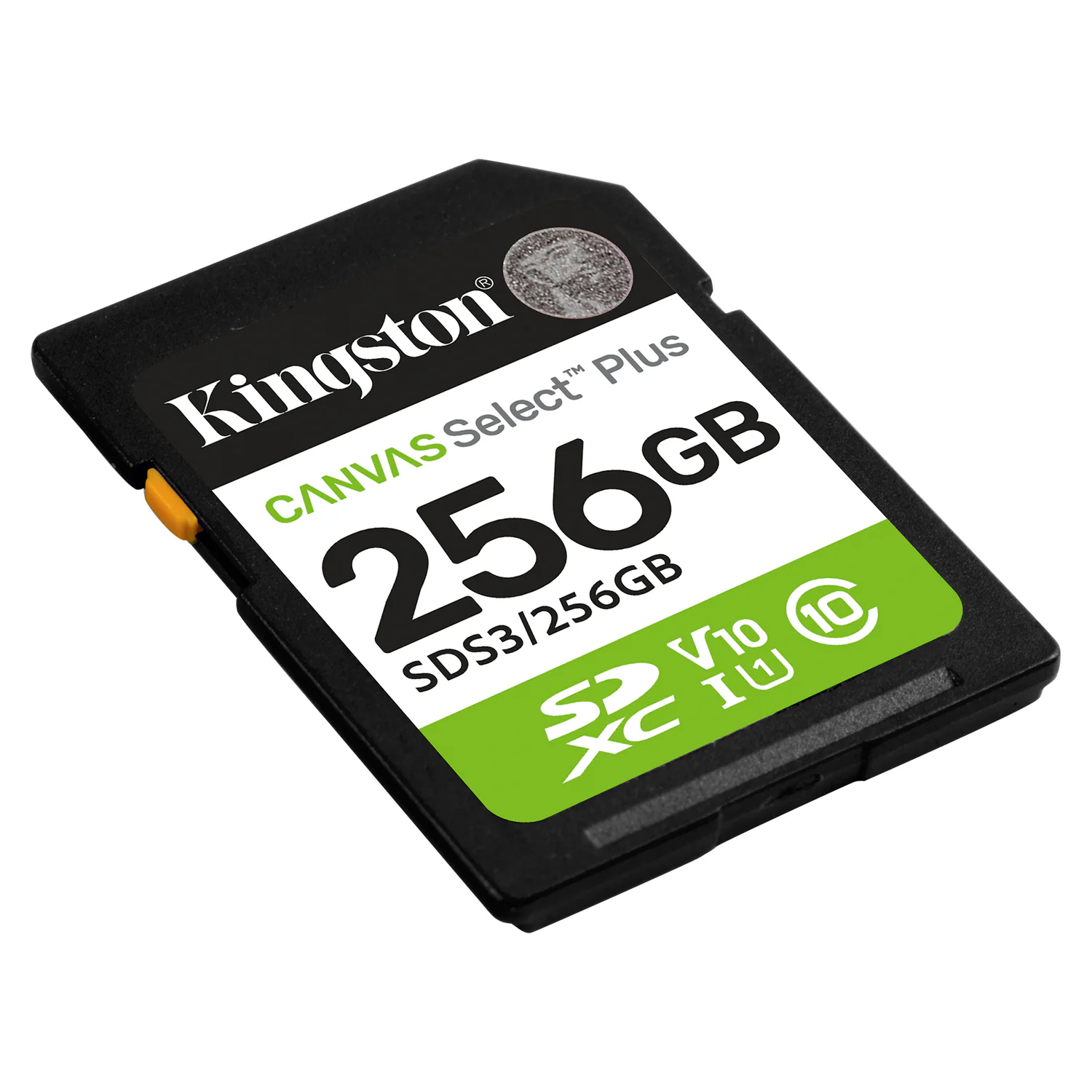 Cartão SDXC Kingston Canvas Select Plus 256 GB em ângulo, com as marcas U1 e V10