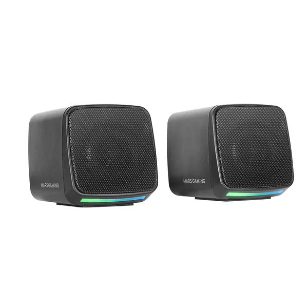 Colunas Mars Gaming MS-PRO em preto, vista frontal com luz RGB