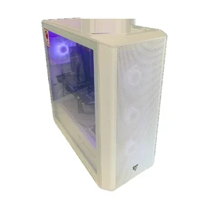 Desktop Gaming Raptor V2, vista lateral em ângulo com painel de vidro e ventoinha RGB