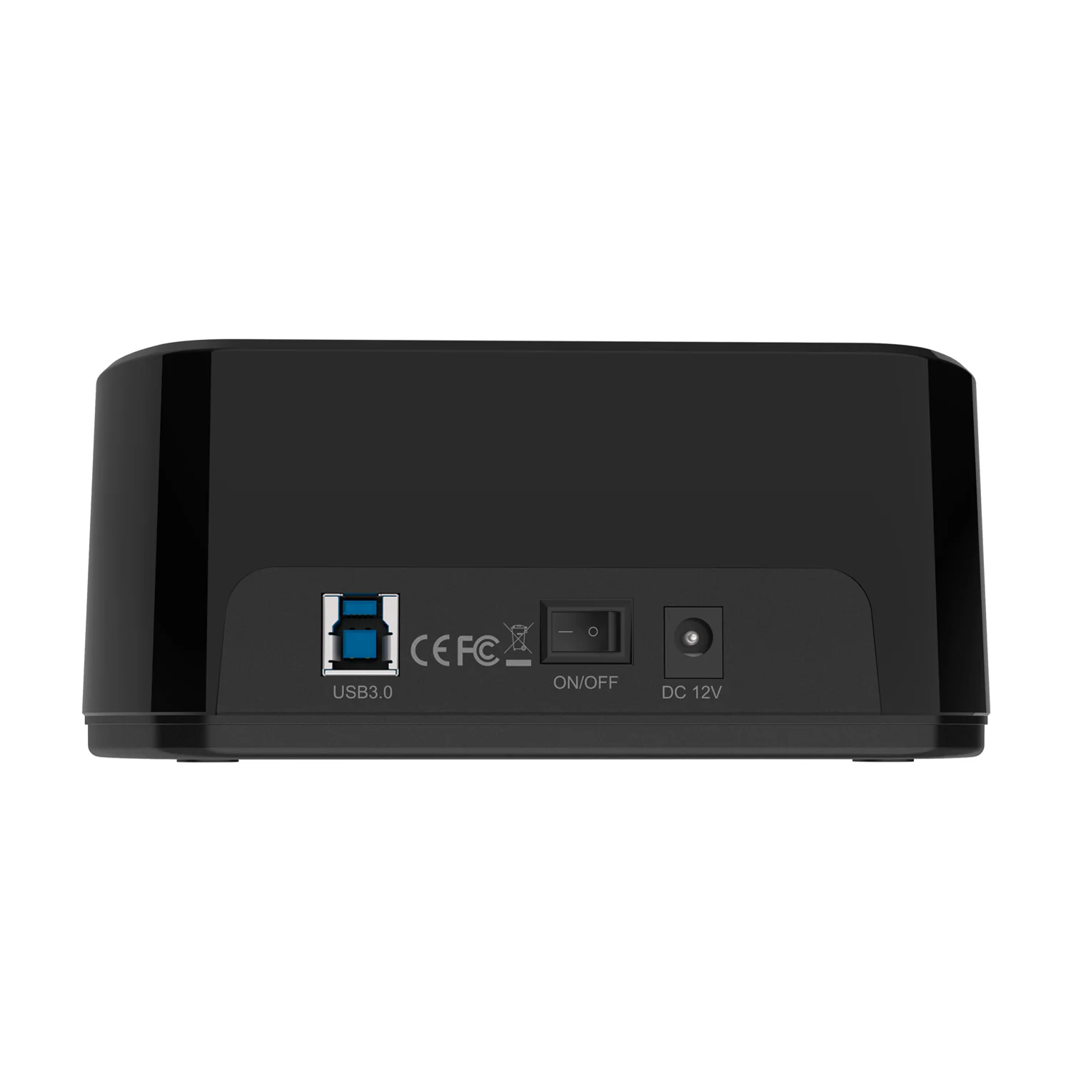 Estação de ancoragem Aisens ASDS-D03B vista de trás, com USB, interruptor e entrada de corrente