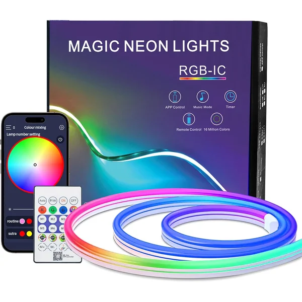 Fita LED neon RGB-IC de 1 metro, caixa com comando e aplicação