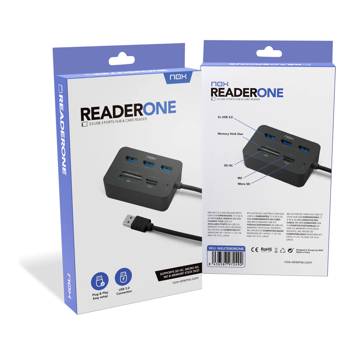 Caixa do hub com leitor de cartões Nox Reader One, frente e verso