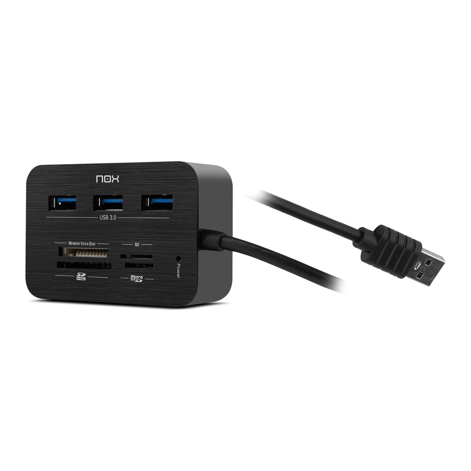 Frente do Nox Reader One com as ranhuras SD, microSD, Memory Stick Duo e M2 e a ficha USB-A