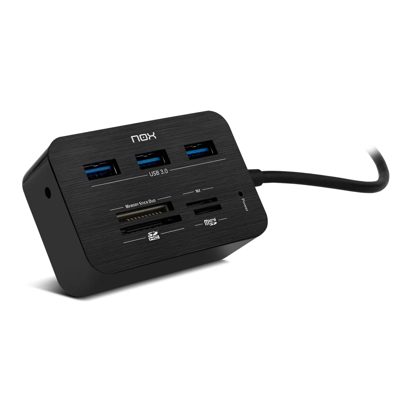 Hub Nox Lite Reader One preto com três portas USB 3.0 e ranhuras para cartões de memória