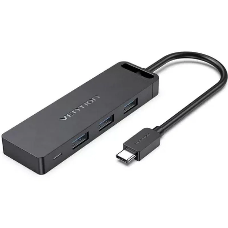 Hub USB-C Vention TGTBB preto com três portas USB-A 3.0 e cabo USB-C de 15 cm