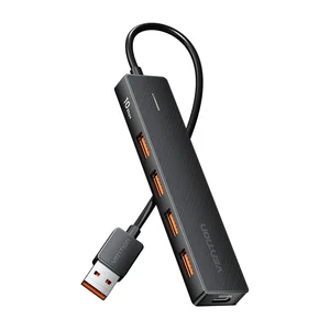 Hub Vention CHOBB preto com quatro portas USB-A cor de laranja e cabo curto com ficha USB-A