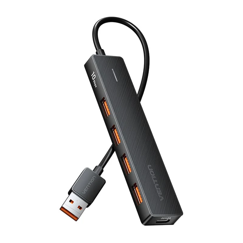 Hub Vention CHOBB preto com quatro portas USB-A cor de laranja e cabo curto com ficha USB-A