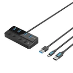 Hub Vention CHWBF preto com quatro portas USB 3.0 azuis, botões individuais e cabos USB-A e USB-C