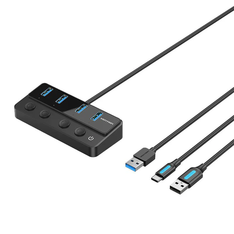 Hub Vention CHWBF preto com quatro portas USB 3.0 azuis, botões individuais e cabos USB-A e USB-C