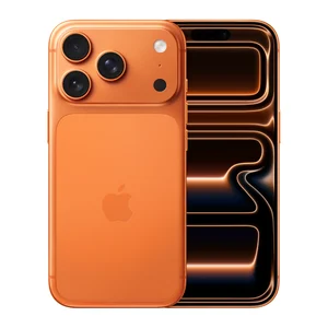 iPhone 17 Pro laranja cósmico, traseira e ecrã lado a lado