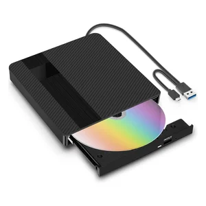 Gravador de DVD externo BNEHHOV preto, com a gaveta aberta e o cabo USB-A e USB-C