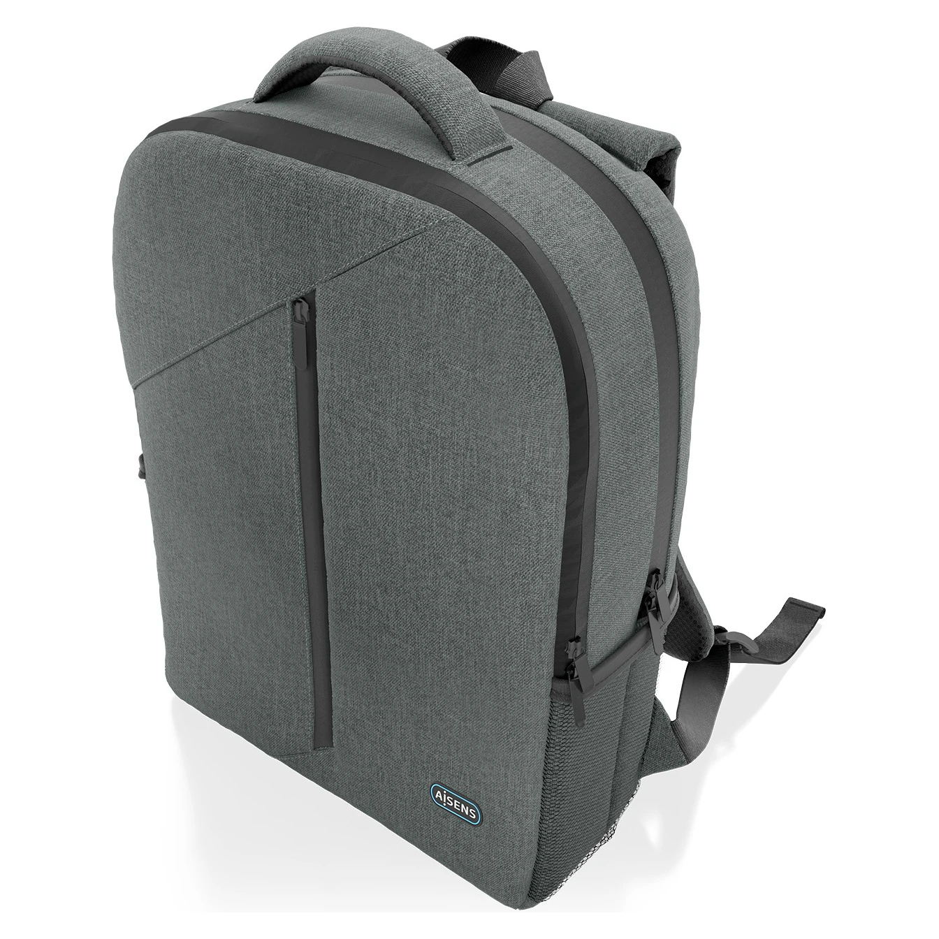 Mochila Aisens ASBG-BP084-GR vista de lado, com o fecho vertical do bolso frontal