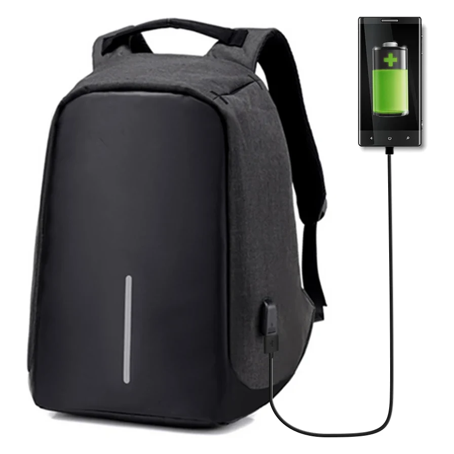 Mochila anti-roubo com porta USB, preta, a carregar o telemóvel