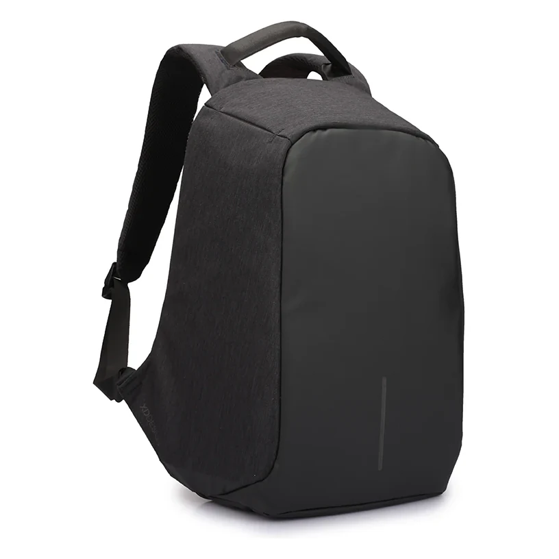 Mochila anti-roubo com porta USB, preta, vista em perspetiva