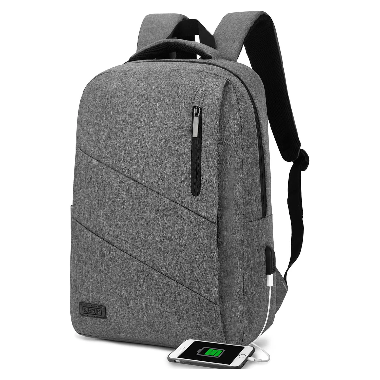 Mochila cinzenta Subblim City com telemóvel ligado ao USB lateral