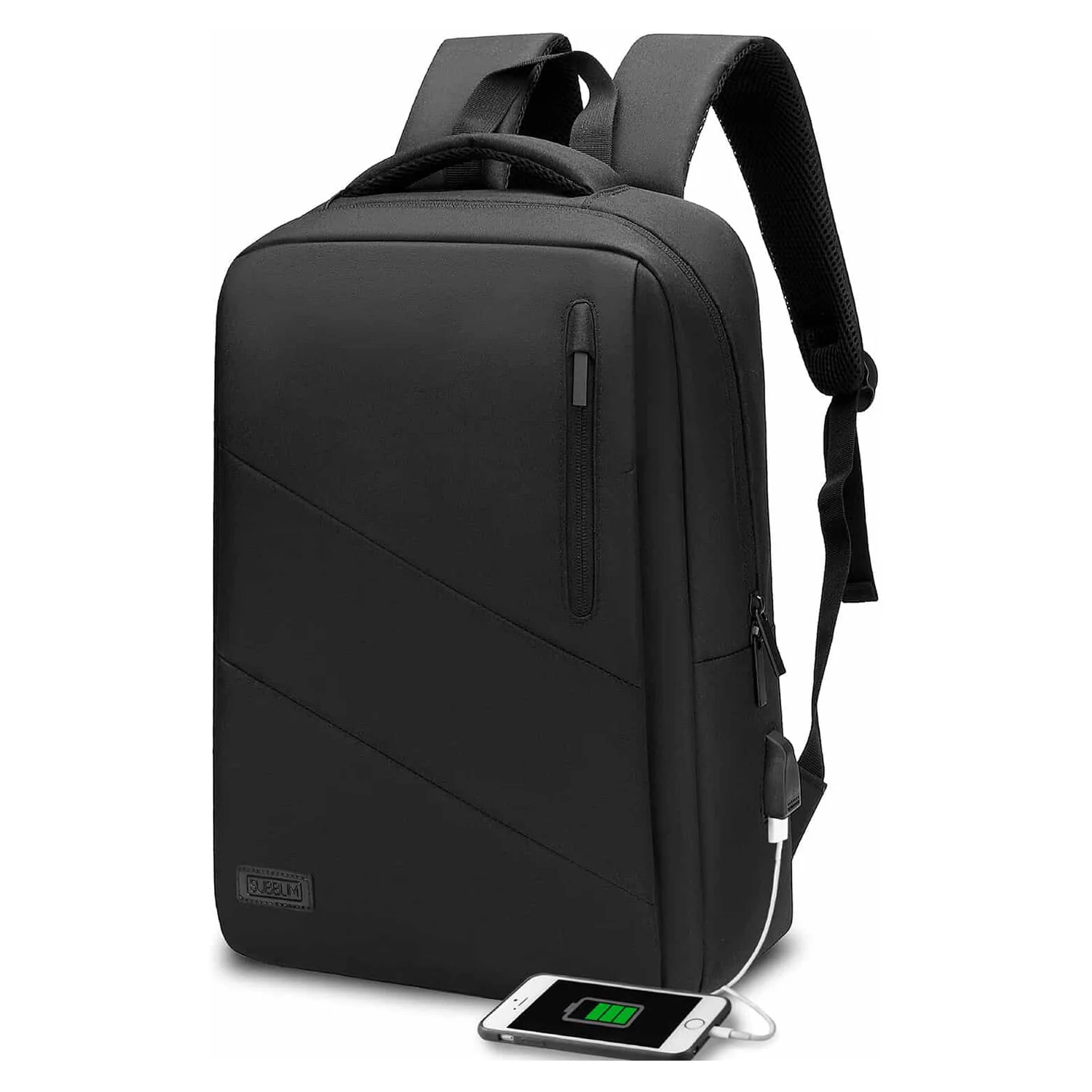 Mochila Subblim City preta com um telemóvel a carregar pela porta USB