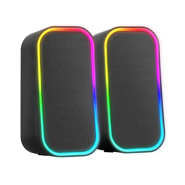 Colunas Mars Gaming MS-OM pretas, vista frontal com iluminação RGB