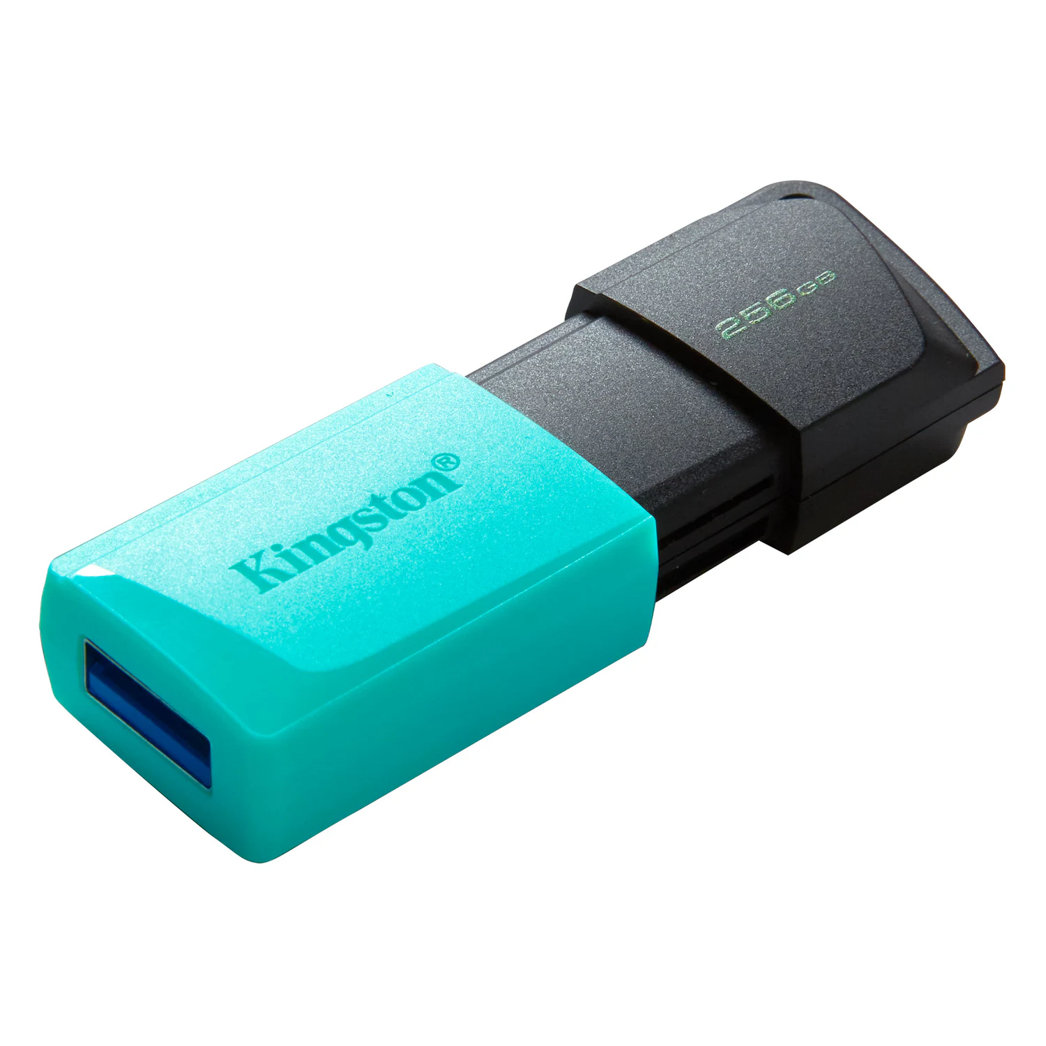 Pen drive Kingston DataTraveler Exodia M 256GB preta e turquesa, vista em perspetiva